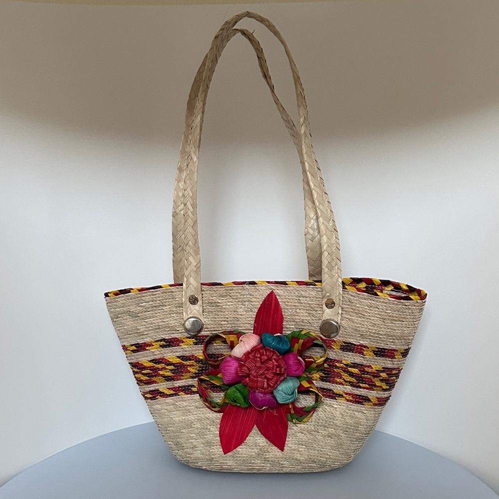 hand made Palm Woven Tote with Floral Accent